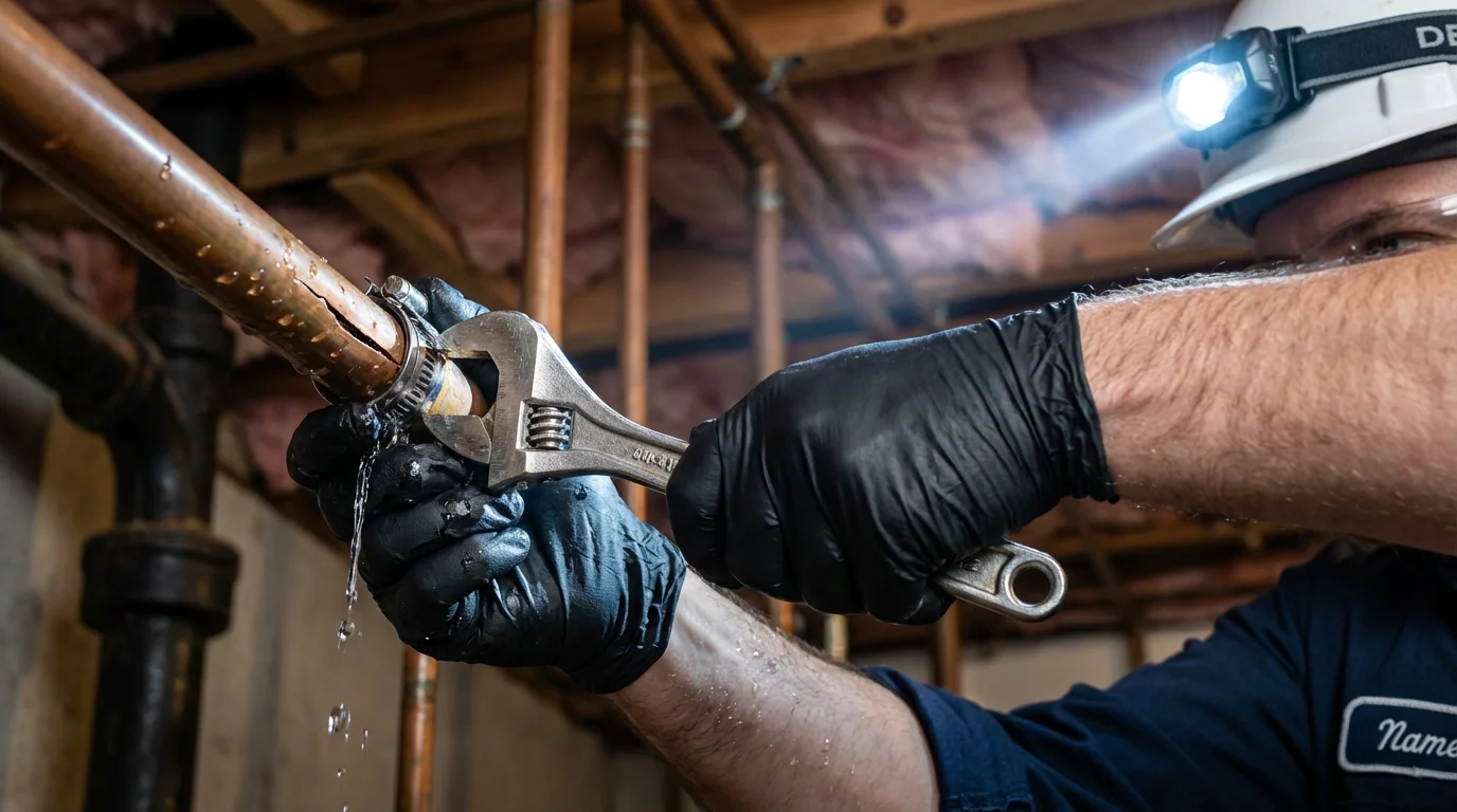 Emergency pipe clamp repair being performed by a Johns Plumbing LLC plumber in Columbus