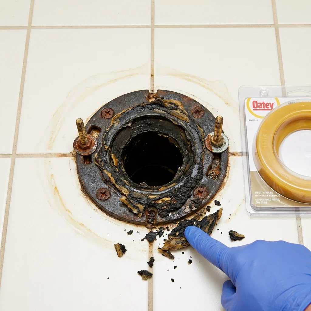 Failed wax ring showing water seepage at the base of a toilet in a Columbus, OH home