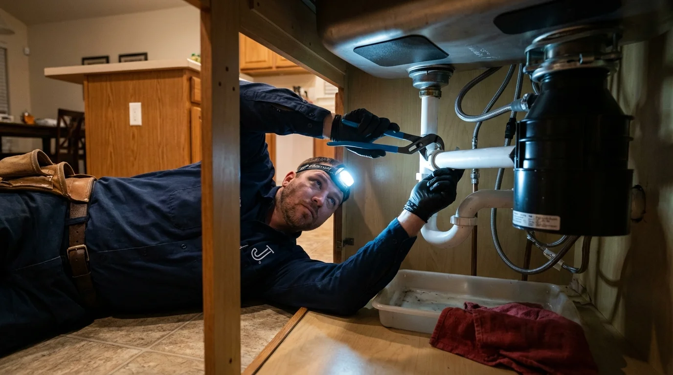 P-trap and supply line connections under a kitchen sink showing a common leak point in Columbus, OH